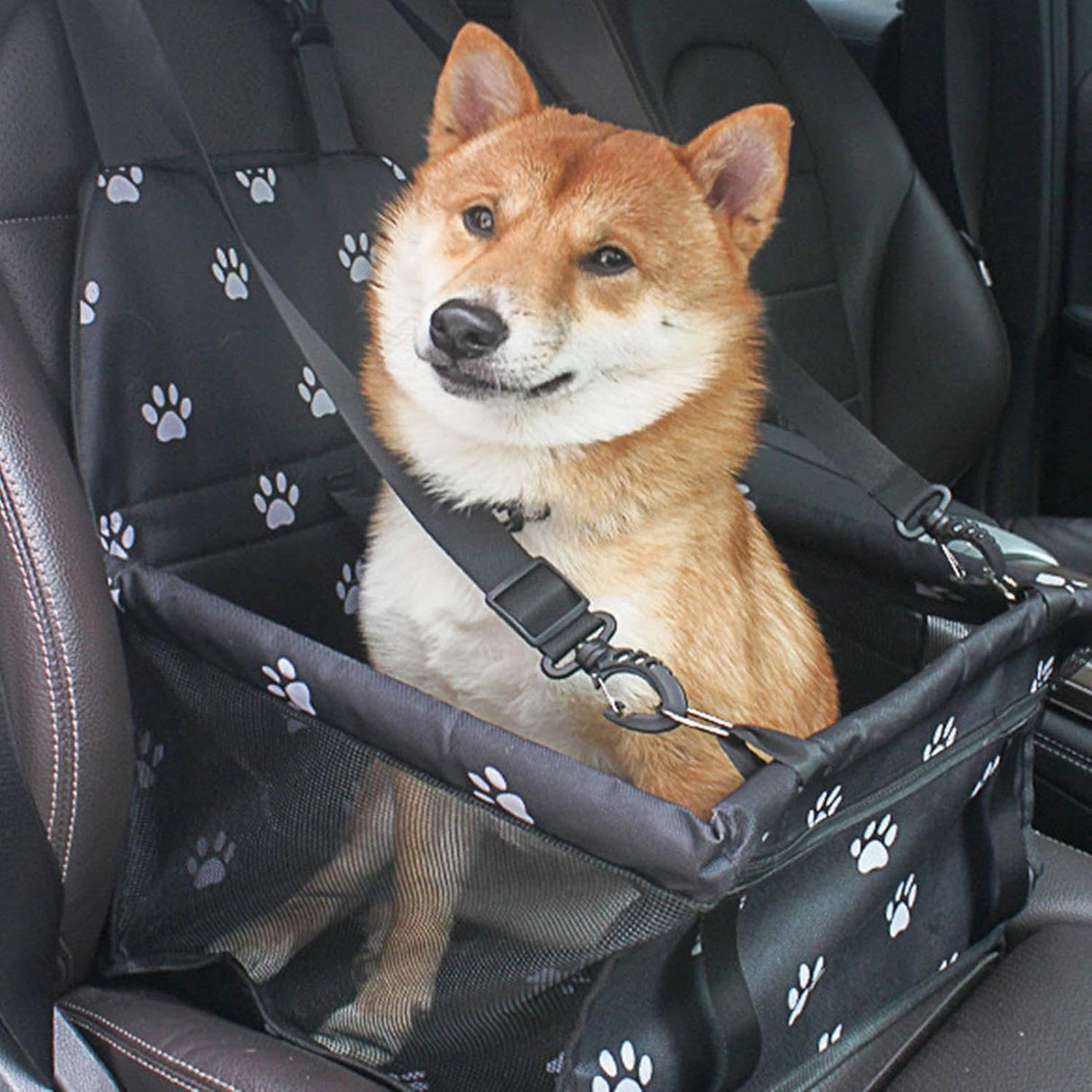Suport pentru Animalele de Companie, Vivimall, pentru Masina, cu Prindere de Scaun si Centura de Siguranta, Negru cu Imprimeu, 40x32x42cm - vivimall.ro