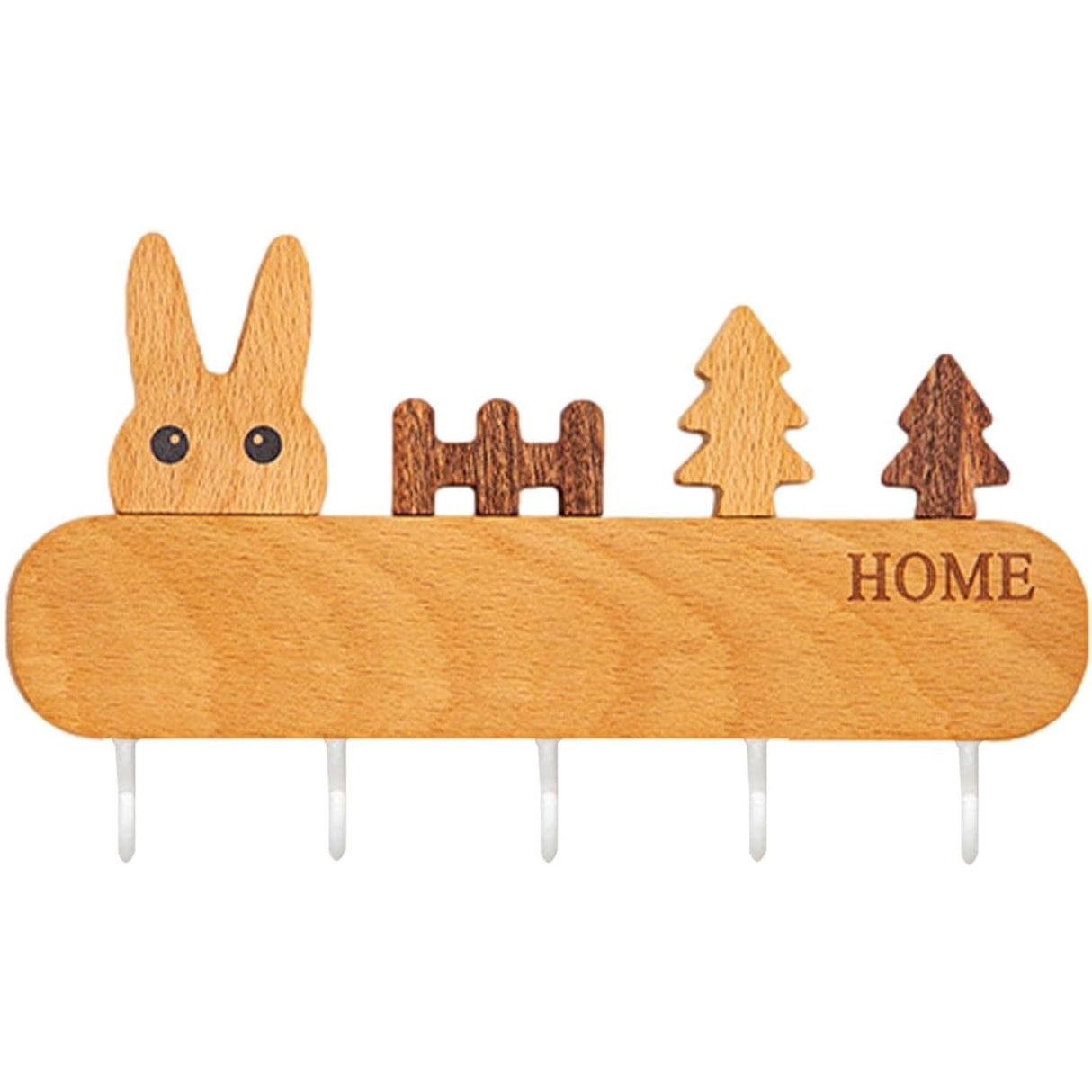 Suport pentru Chei, Vivimall, din Lemn, Aplicare fara Perforare, Adeziv Inclus, 5 Carlige Albe, Model Iepure, Greutate Suportata 5 kg, 13.5 x 22 cm, Maro - vivimall.ro