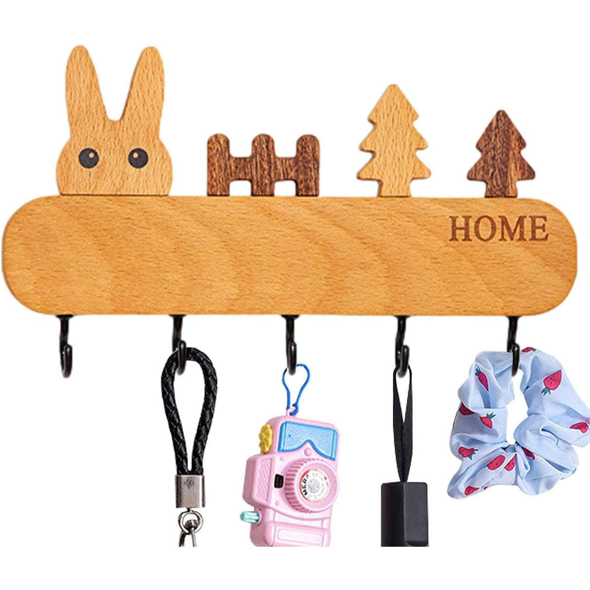 Suport pentru Chei, Vivimall, din Lemn, Aplicare fara Perforare, Adeziv Inclus, 5 Carlige Negre, Model Iepure, Greutate Suportata 5 kg, 13.5 x 22 cm, Maro - vivimall.ro