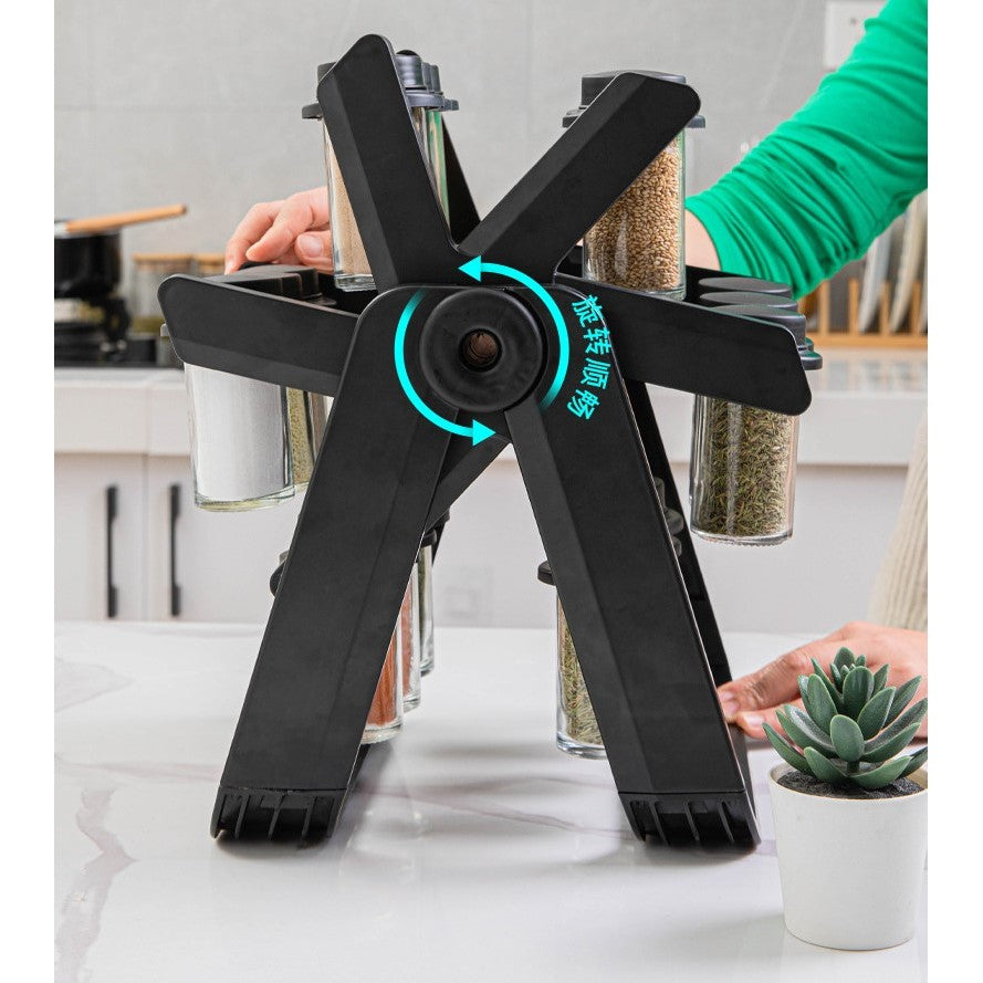 Suport Pentru Condimente Rotativ, Multifunctional, Pivotant 360A°, Portabil, Usor De Montat, 34X23 Cm, Abs/Sticla, Negru - vivimall.ro
