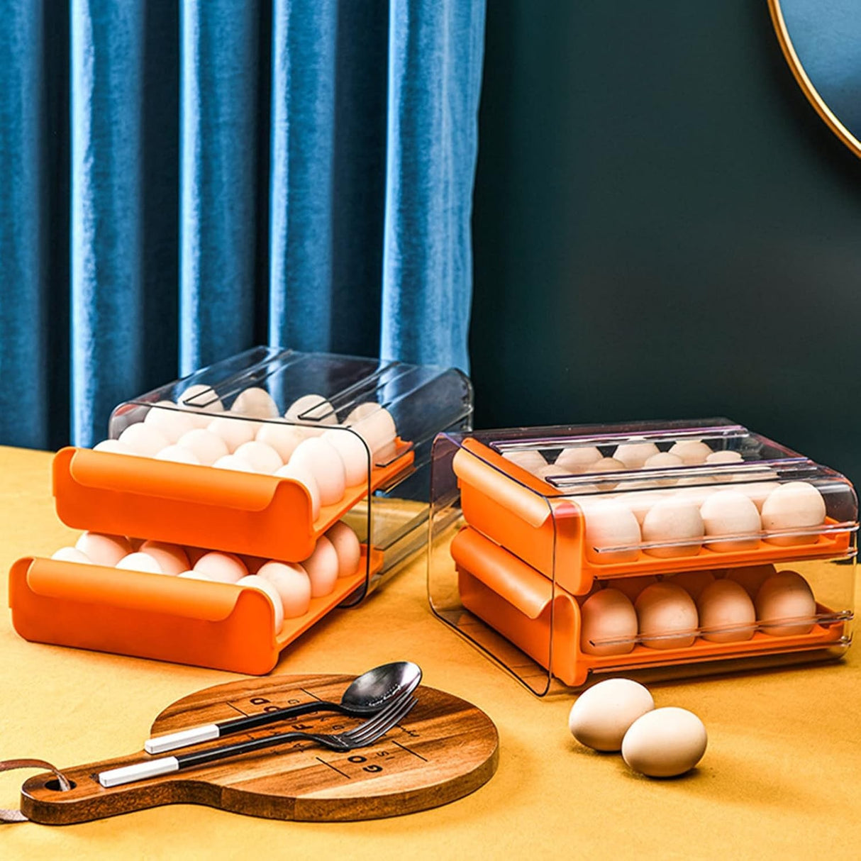 Suport pentru Oua, Vivimall, Strat Dublu, Capacitate 32 de Oua, 23.5x21.5 cm, din Plastic, Portocaliu - vivimall.ro