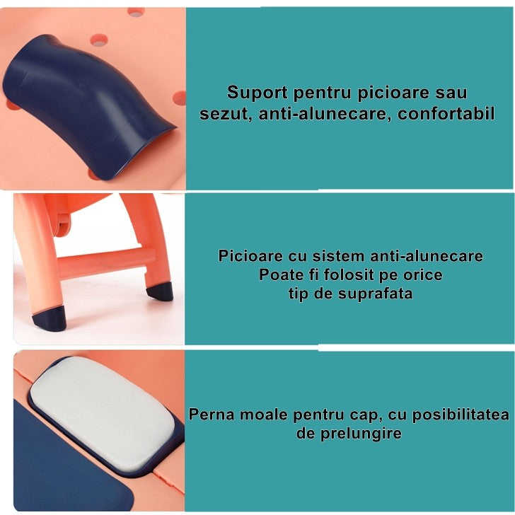 Suport Pliabil pentru Spalat Parul Vivimall, Pentru Copii, 0 - 16 ani, cu Picioare Antialunecare, Material Polipropilena, Suport Cap Reglabil, cu Manere, 82 x 40 x 28 cm, Bleumarin - vivimall.ro
