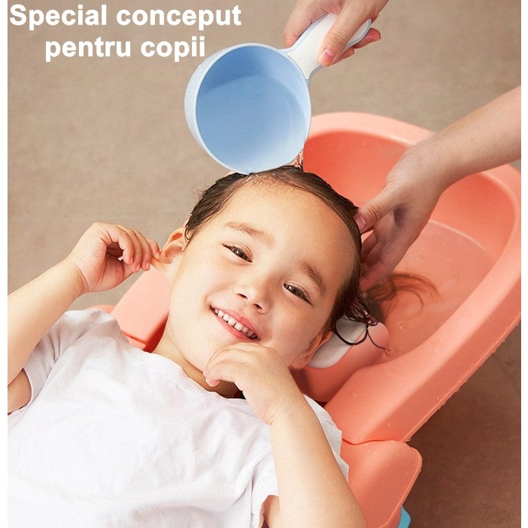 Suport Pliabil pentru Spalat Parul Vivimall, Pentru Copii, cu Scurgere, cu Picioare Antialunecare, Material Polipropilena, Suport Cap Reglabil, cu Manere, 110 x 35 x 21 cm, Roz - vivimall.ro