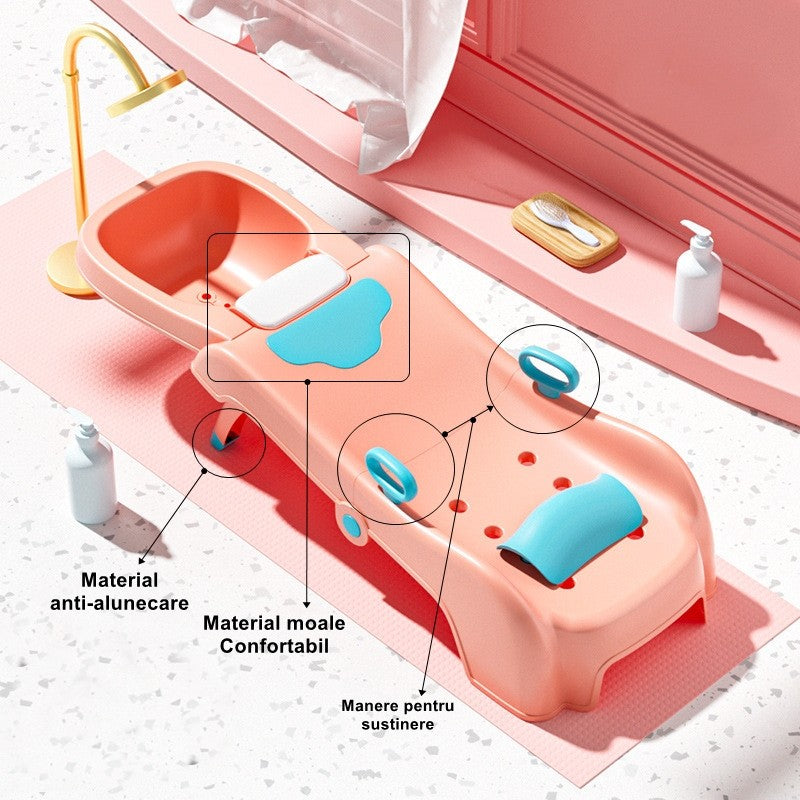 Suport Pliabil pentru Spalat Parul Vivimall, Pentru Copii, cu Scurgere, cu Picioare Antialunecare, Material Polipropilena, Suport Cap Reglabil, cu Manere, 110 x 35 x 21 cm, Roz - vivimall.ro