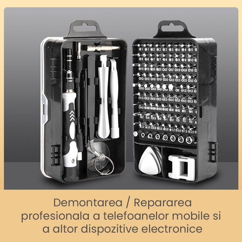 Surubelnite pentru Reparea Telefoanelor, Flippy, Set 115-in-1 Cromate, Demontarea Repararea Ceasurilor, Electronicelor Mici, Maner detalii Albe, 18 x 11 x 6 cm, Negru