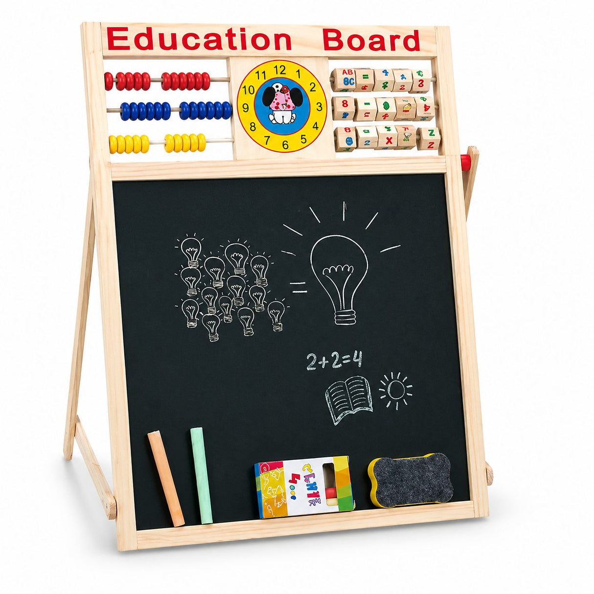Tabla Educativa Magnetica cu Doua Fete, Flippy, Cadru din Lemn, Abac, Ceas, Litere, Cifre si Semne Matematice, Reglabila pe Inaltime, 52x36 cm - vivimall.ro