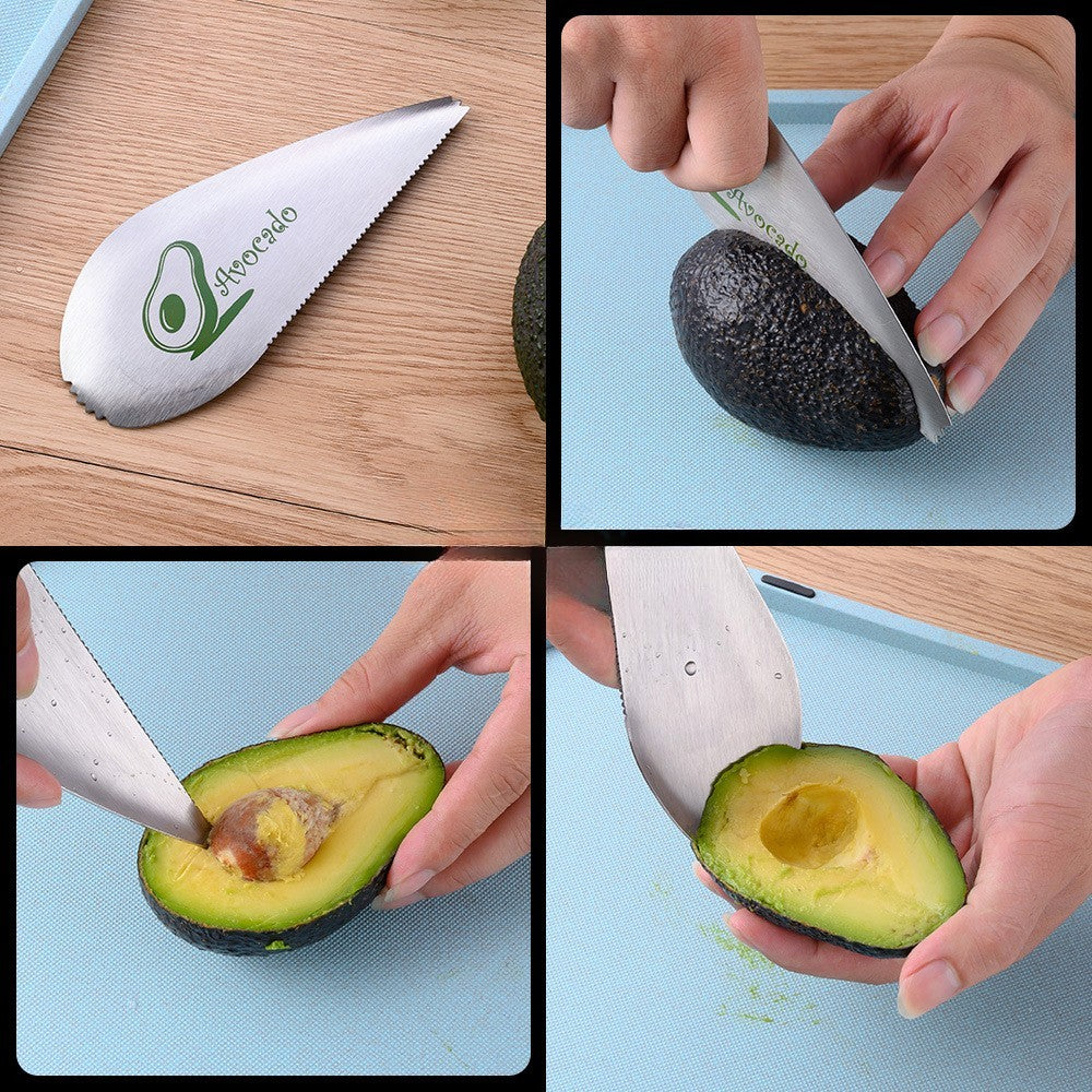 Taietor special pentru avocado Vivimall, 3 in 1, forma curbata, zimti pentru apucare si taiere, din otel inoxidabil, 15 x 6 cm, gri - vivimall.ro