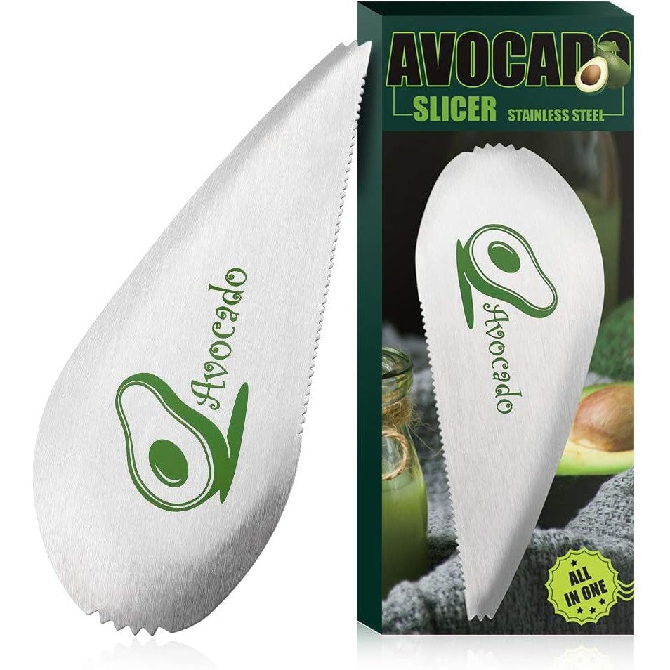 Taietor special pentru avocado Vivimall, 3 in 1, forma curbata, zimti pentru apucare si taiere, din otel inoxidabil, 15 x 6 cm, gri - vivimall.ro