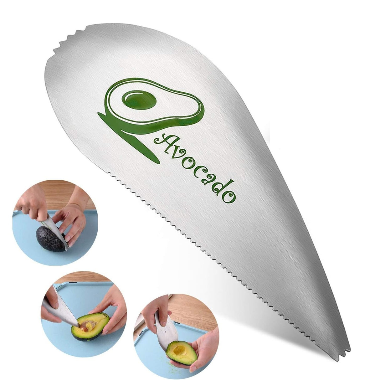 Taietor special pentru avocado Vivimall, 3 in 1, forma curbata, zimti pentru apucare si taiere, din otel inoxidabil, 15 x 6 cm, gri - vivimall.ro