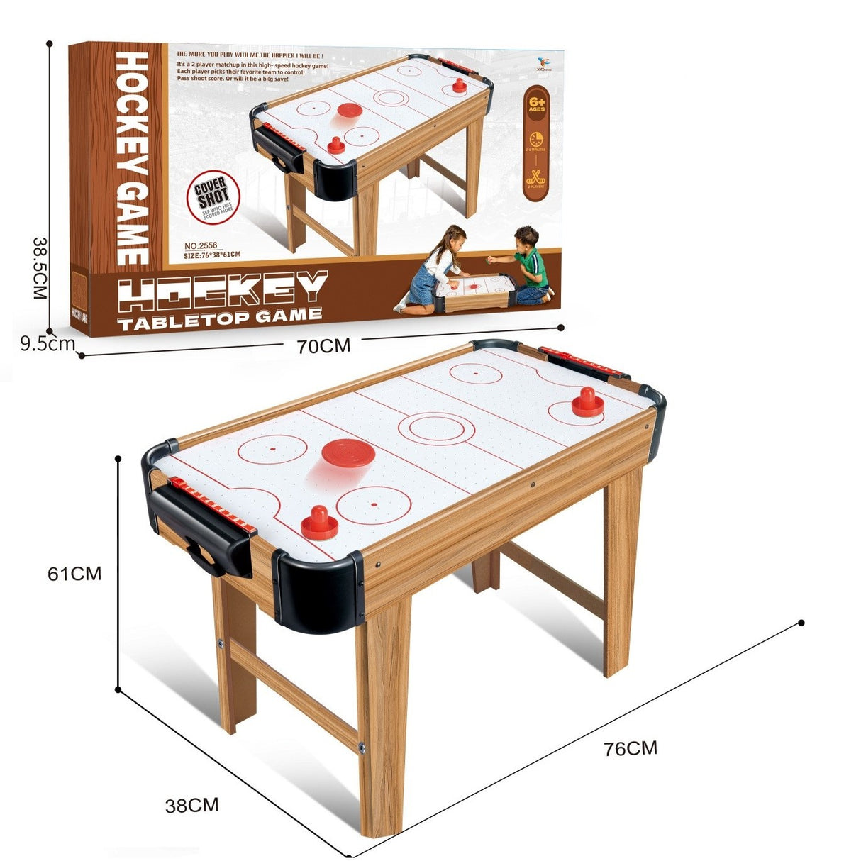 Masa Air Hockey Graffiti cu Picioare Lungi, Vivimall, Lemn, 2 Pucuri, Tabela Scor, 2 Impingatoare, 76x38x61 cm, Maro - vivimall.ro