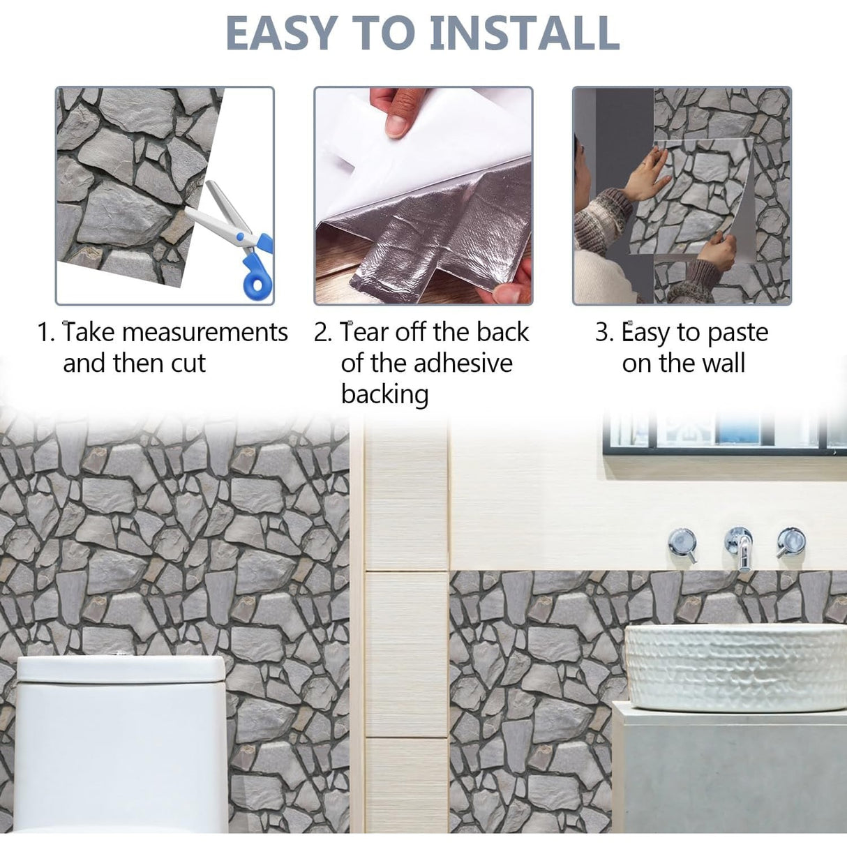 Set 10 x Placi Tapet Autocolant 3D cu Imitatie de Pietre, pentru Perete Bucatarie Sufragerie, Usor de Curatat, Rezistent la Apa, Autoadeziv, 30x30 cm, Gri - vivimall.ro