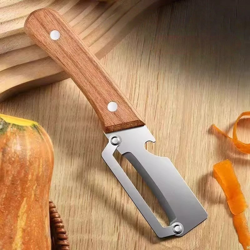 Curatator de Fructe/Legume, Flippy, 2in1, Desfacator de Sticle, Multifunctional, Maner de Lemn, Maro