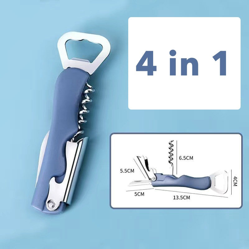 Tirbuson de Sticle 4 in 1, Vivimall, Desfacator de Sticle Multifunctional, din Inox cu Maner Anti Alunecare, 13.5 x 4 cm Albastru - vivimall.ro