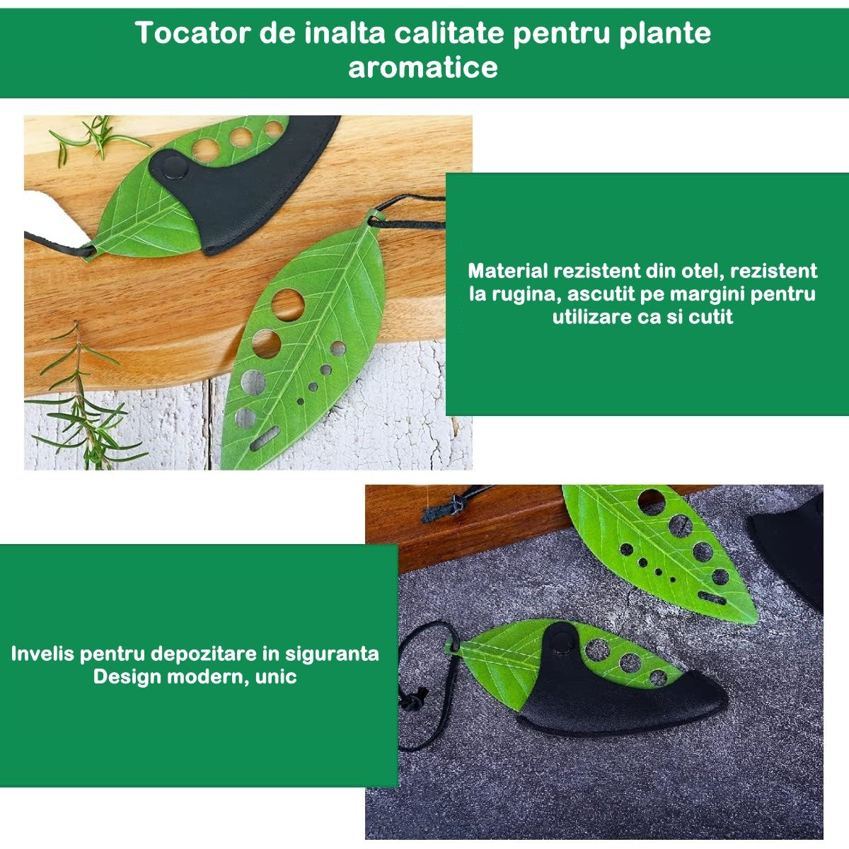 Tocator manual pentru ierburi Vivimall, instrument de curatat frunze, tocator, margini ascutie, 9 gauri de diferite dimensiuni, multifunctional, material otel inoxidabil, rezistent la rugina, 14 x 5.5 cm, verde - vivimall.ro
