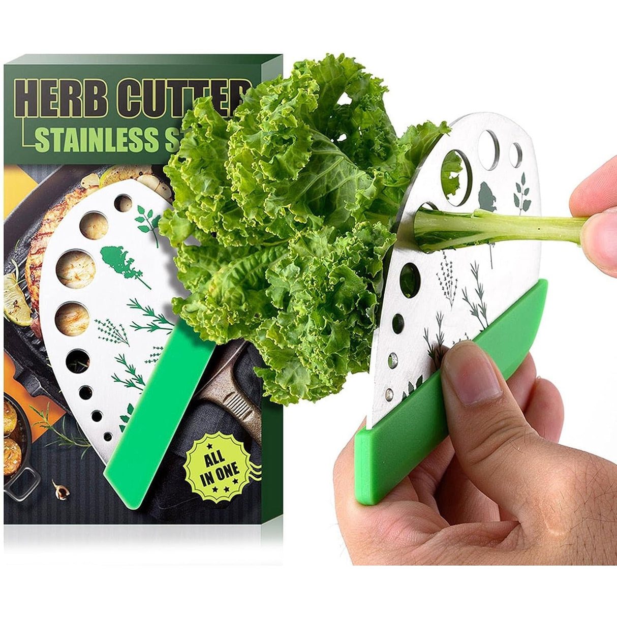 Tocator manual pentru ierburi Vivimall, instrument de curatat frunze, margini ascutie, 9 gauri de diferite dimensiuni, multifunctional, material otel inoxidabil, maner ergonomic, rezistent la rugina, 12.3 x 6.9 cm, argintiu - vivimall.ro