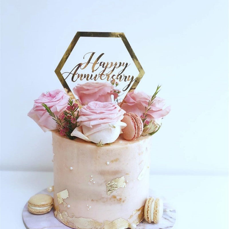Decoratiune Topper pentru Tort, Vivimall, Model Hexagon Scris Happy Birthday, Tematica Aniversare, Auriu - vivimall.ro