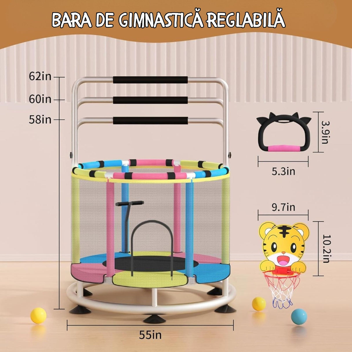 Trambulina pentru Copii, Flippy, pentru Gradina si Interior, cu Plasa de Siguranta si Fermoar, Sustinere din Otel Galvanizat, Bara de Gimnastica Reglabila, Sac de Box, Capacitate 200 kg, 140 cm, 3+ ani, Multicolor - vivimall.ro