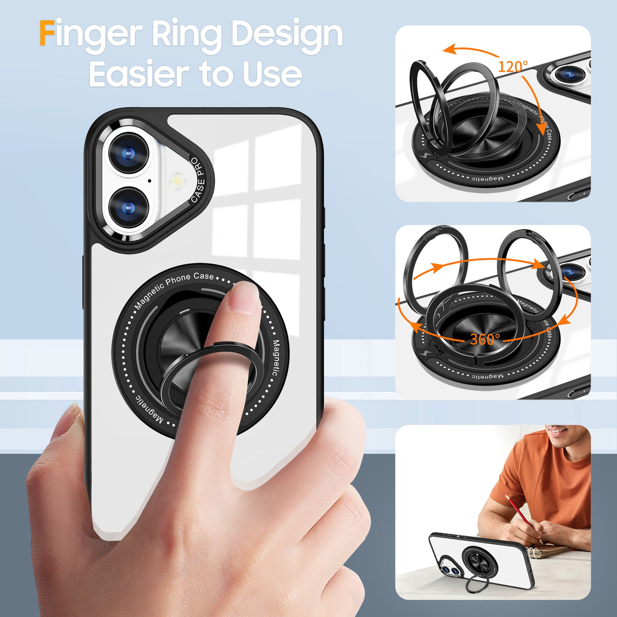 Husa de Protectie TPU, Vivimall, pentru iPhone 16, Anticadere, cu Incarcare Wireless, Tehnologie Magsafe, Inel Magnetic Rotativ cu Functie de Suport, Transparent-Negru - vivimall.ro