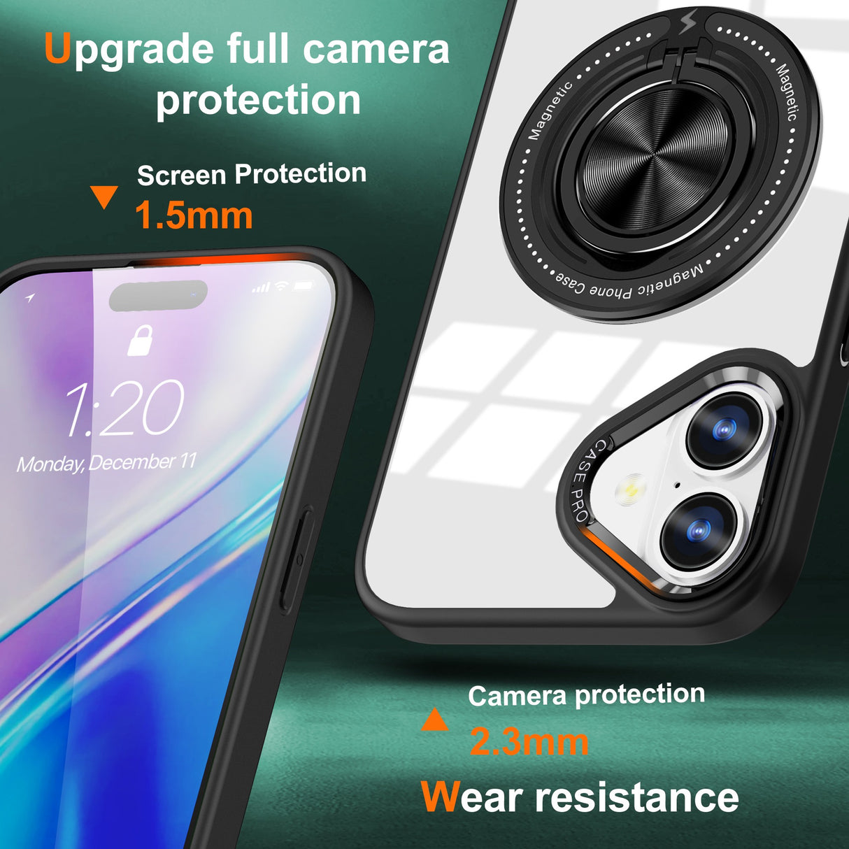 Husa de Protectie TPU, Vivimall, pentru iPhone 16 Plus, Anticadere, cu Incarcare Wireless, Tehnologie Magsafe, Inel Magnetic Rotativ cu Functie de Suport, Transparent-Negru - vivimall.ro