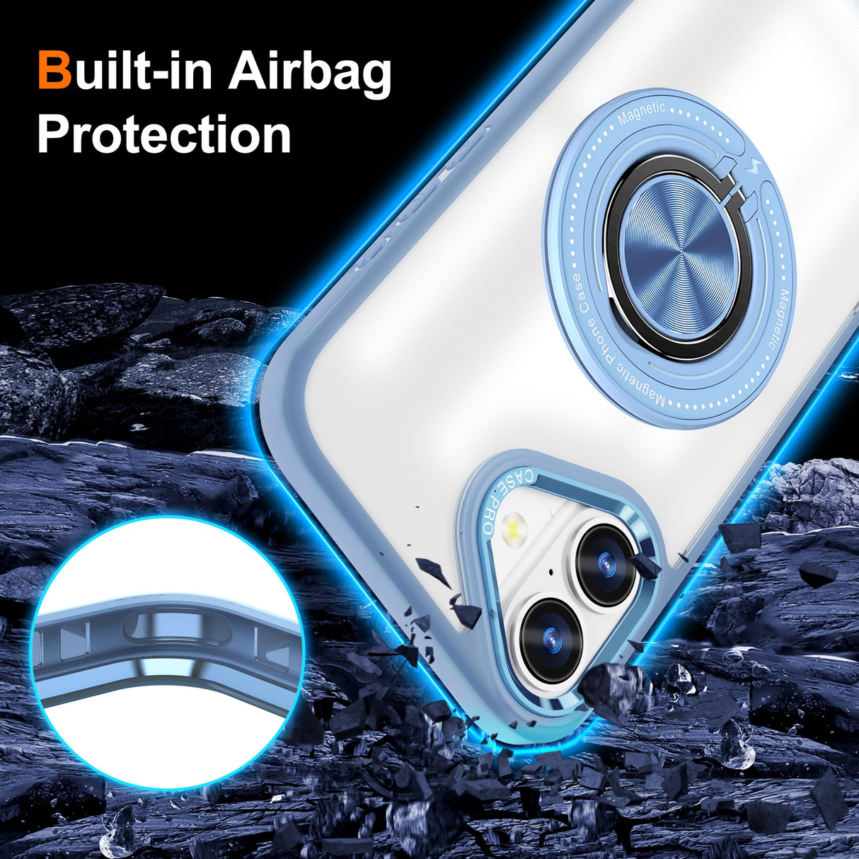 Husa de Protectie TPU, Vivimall, pentru iPhone 16 Plus, Anticadere, cu Incarcare Wireless, Tehnologie Magsafe, Inel Magnetic Rotativ cu Functie de Suport, Transparent-Albastru Deschis - vivimall.ro