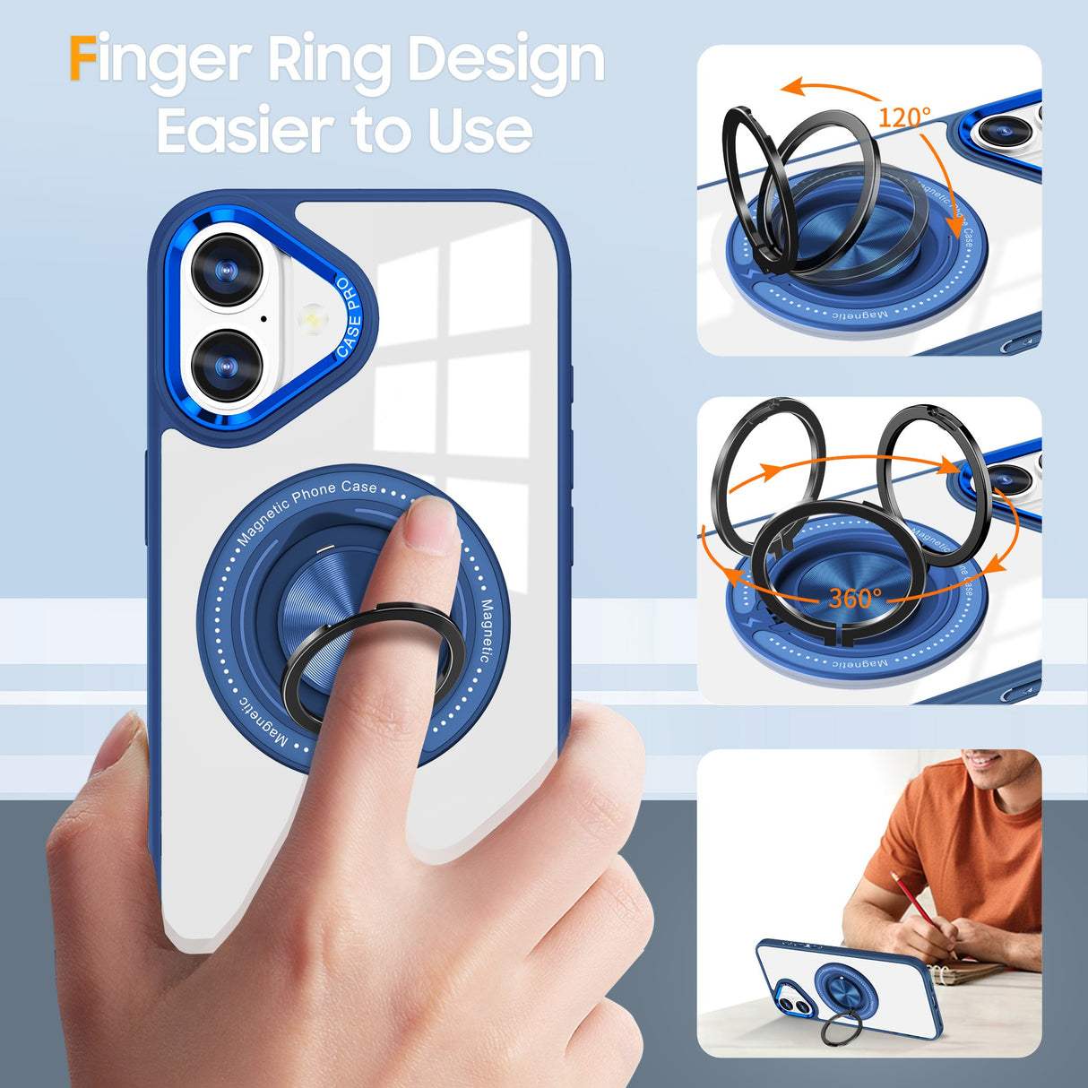 Husa de Protectie TPU, Vivimall, pentru iPhone 16 Plus, cu Incarcare Wireless, Tehnologie Magsafe, Inel Magnetic Rotativ cu Functie de Suport, Transparent-Albastru Inchis - vivimall.ro