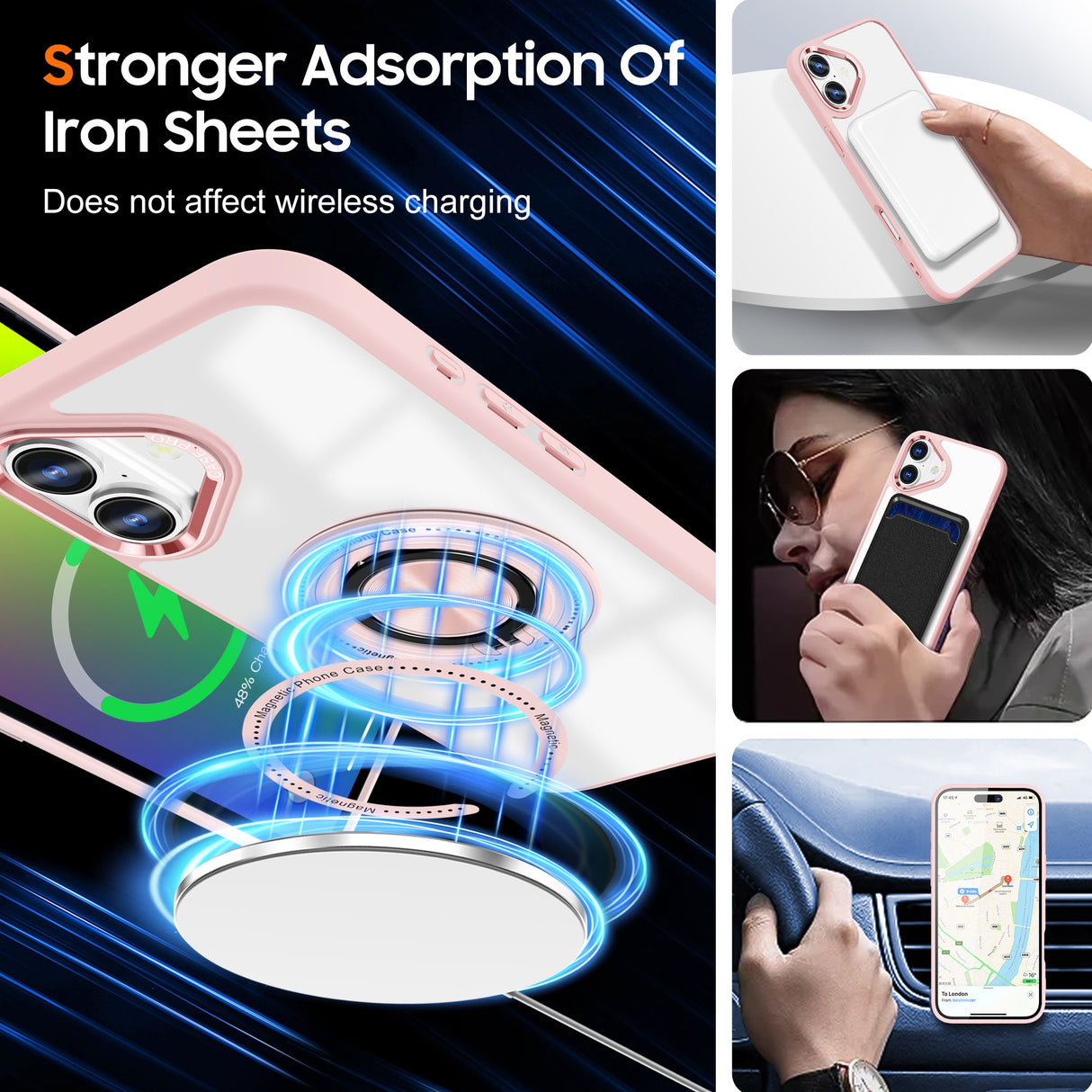 Husa de Protectie TPU, Vivimall, pentru iPhone 16, Anticadere, cu Incarcare Wireless, Tehnologie Magsafe, Inel Magnetic Rotativ cu Functie de Suport, Transparent-Roz - vivimall.ro