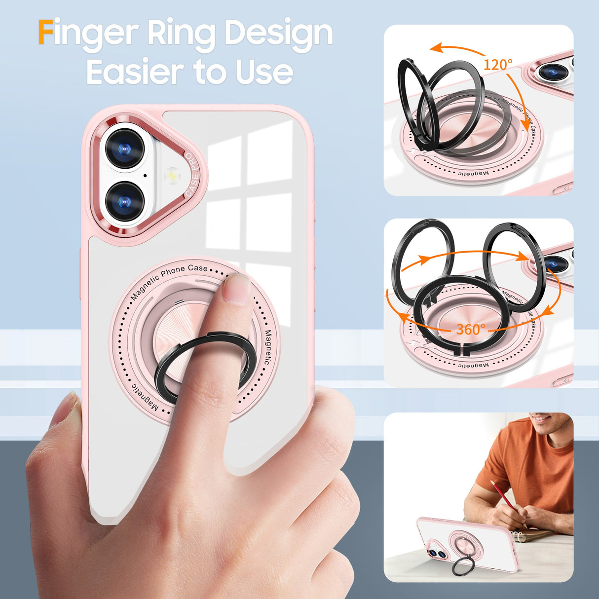Husa de Protectie TPU, Vivimall, pentru iPhone 16, Anticadere, cu Incarcare Wireless, Tehnologie Magsafe, Inel Magnetic Rotativ cu Functie de Suport, Transparent-Roz - vivimall.ro