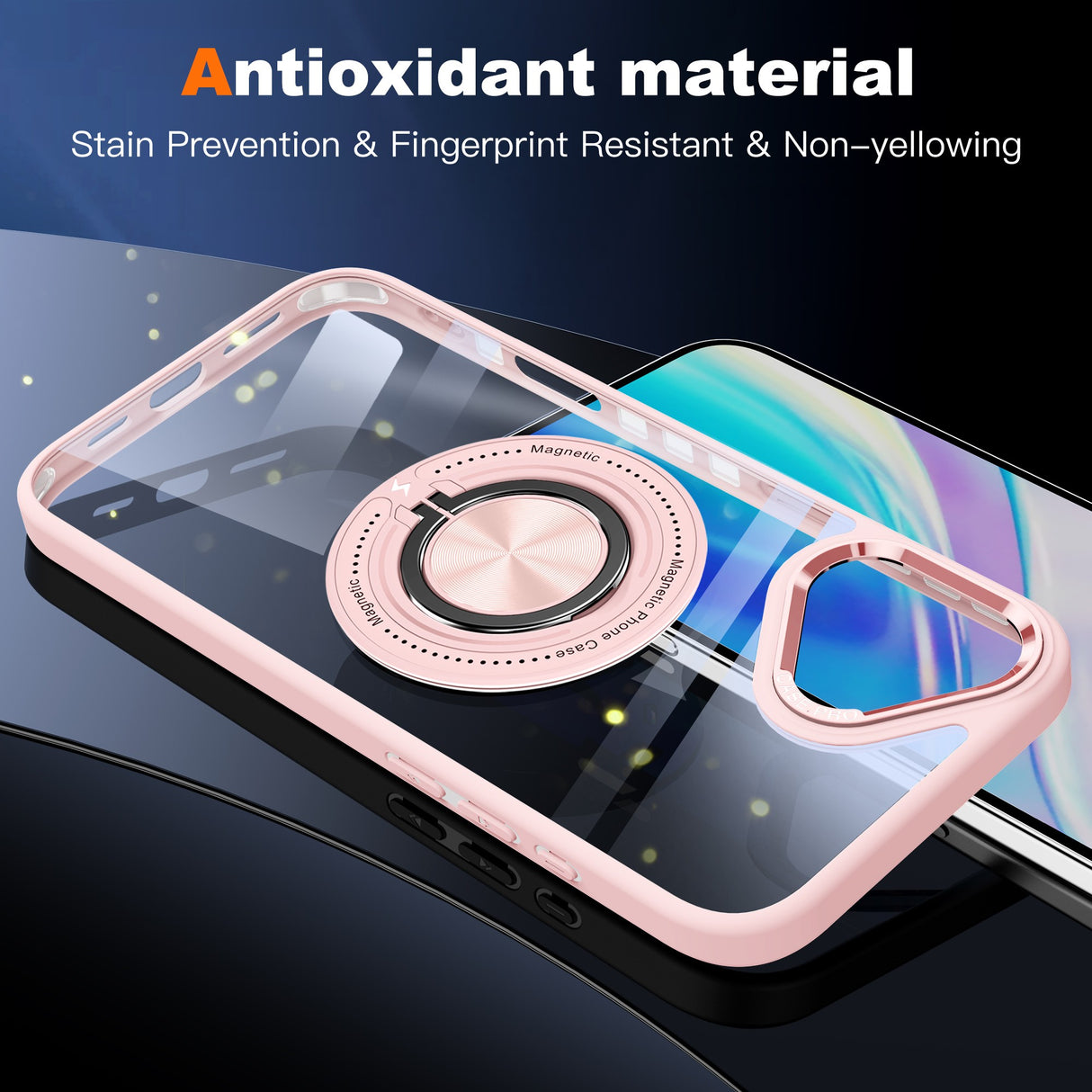 Husa de Protectie TPU, Vivimall, pentru iPhone 16, Anticadere, cu Incarcare Wireless, Tehnologie Magsafe, Inel Magnetic Rotativ cu Functie de Suport, Transparent-Roz - vivimall.ro