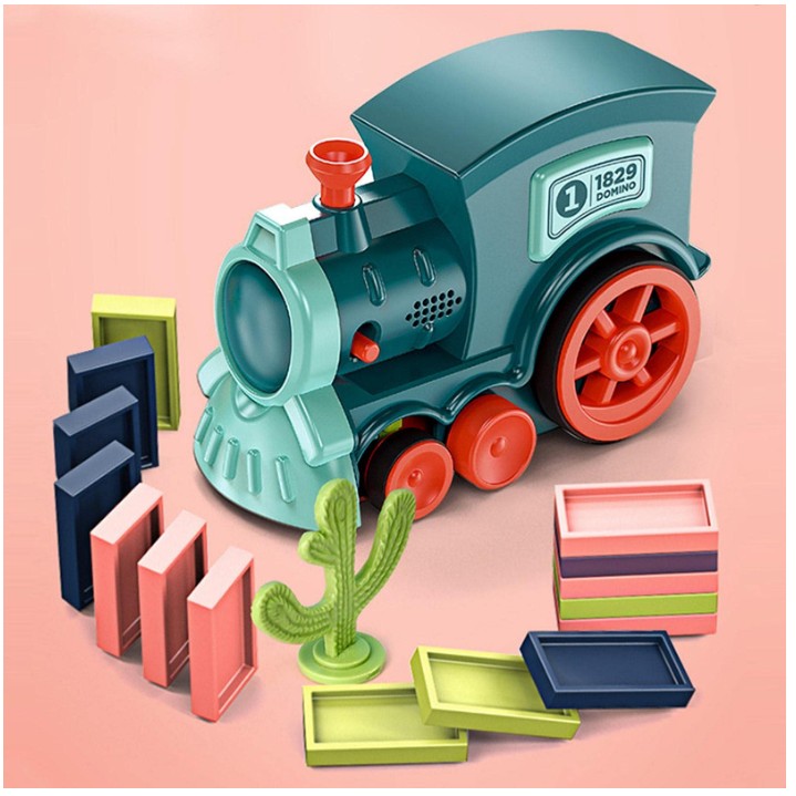 Trenulet educational de jucarie Vivimall, pe baterii, cu 60 piese de domino, 3-7 ani, Multicolor, 26.5 cm x 8 cm x 14 cm - vivimall.ro