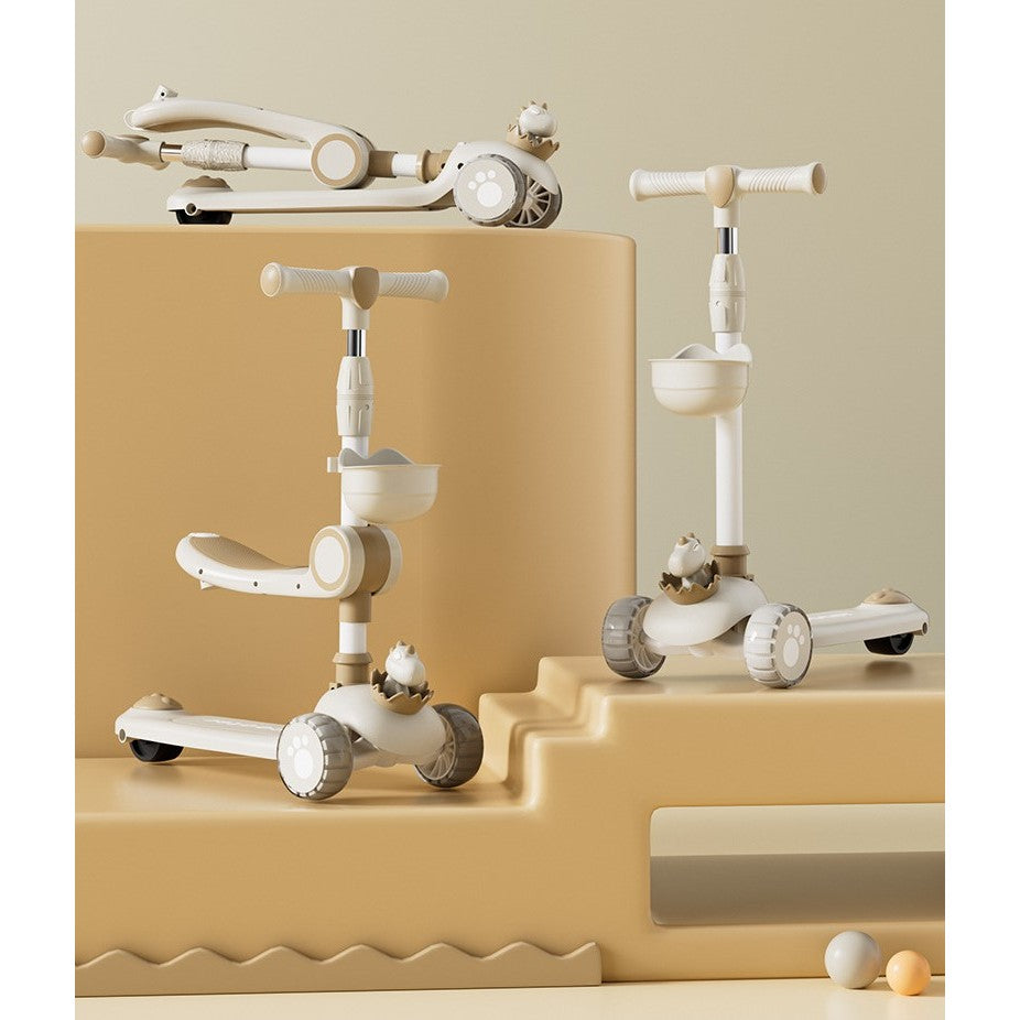 Trotineta Multifunctionala 3 in 1, Vivimall, pentru Copii, 1-7 Ani, cu Lumini si Muzica, Reglabil 360, Pliere Usoara, Reglarea Inaltimii, Model Dinozaur, 67-76 x 24 x 55 cm, Alb/Bej - vivimall.ro