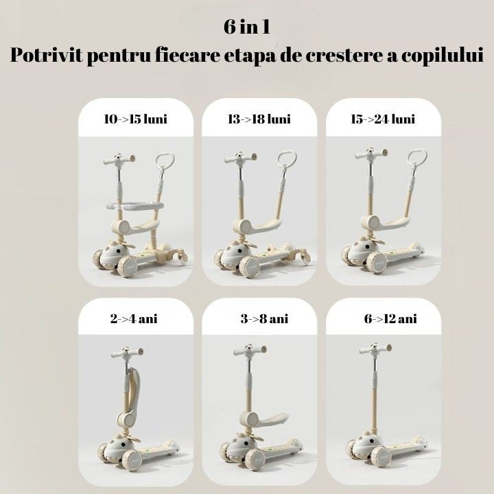 Trotineta Multifunctionala 6 in 1, Vivimall, Pentru Copii De La 10 Luni Pana La 12 Ani, Cu Maner De Impingere, Reglabil 360, Pliere Usoara, Reglarea Inaltimii, Model Dinozaur, Alb/Bej - vivimall.ro