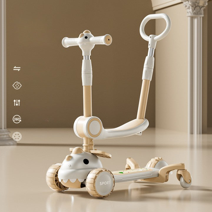 Trotineta Multifunctionala 6 in 1, Vivimall, Pentru Copii De La 10 Luni Pana La 12 Ani, Cu Maner De Impingere, Reglabil 360, Pliere Usoara, Reglarea Inaltimii, Model Dinozaur, Alb/Bej - vivimall.ro