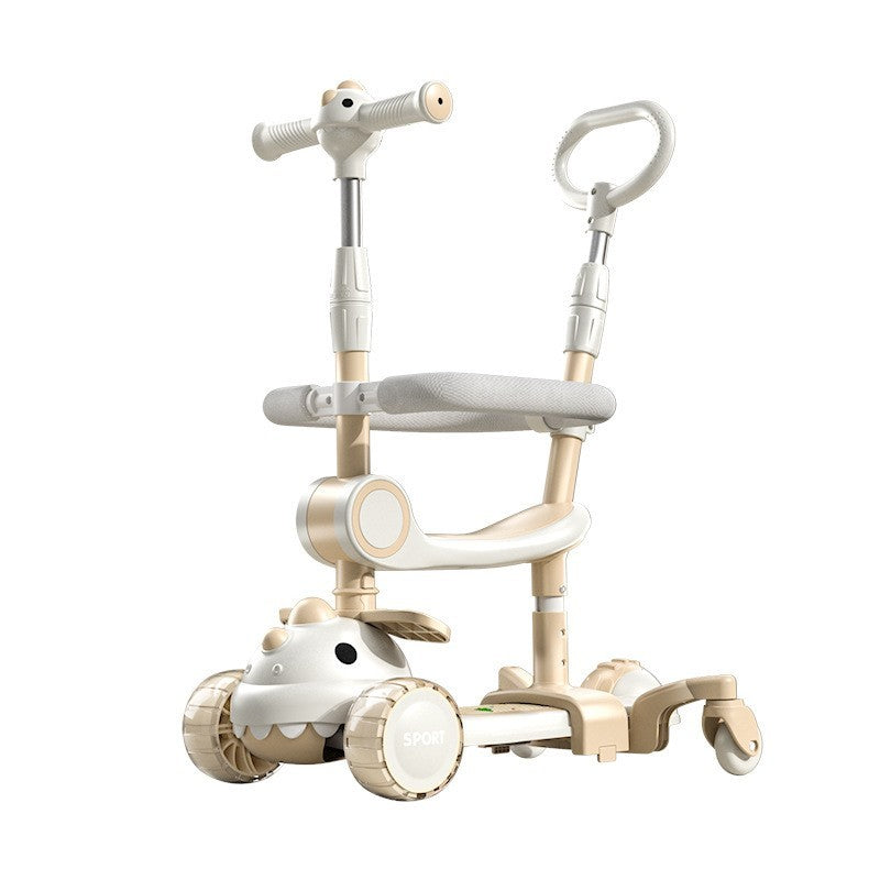 Trotineta Multifunctionala 6 in 1, Vivimall, Pentru Copii De La 10 Luni Pana La 12 Ani, Cu Maner De Impingere, Reglabil 360, Pliere Usoara, Reglarea Inaltimii, Model Dinozaur, Alb/Bej, Resigilat - vivimall.ro