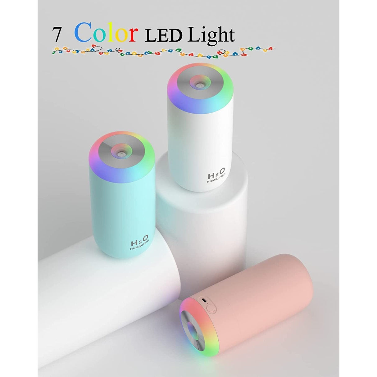 Umidificator, H2O, cu Difuzor de Aroma, Lumina de Noapte LED in 7 Culori, Zgomot Redus, 14.7x7.2cm, 350mL, Culoare Albastra - vivimall.ro