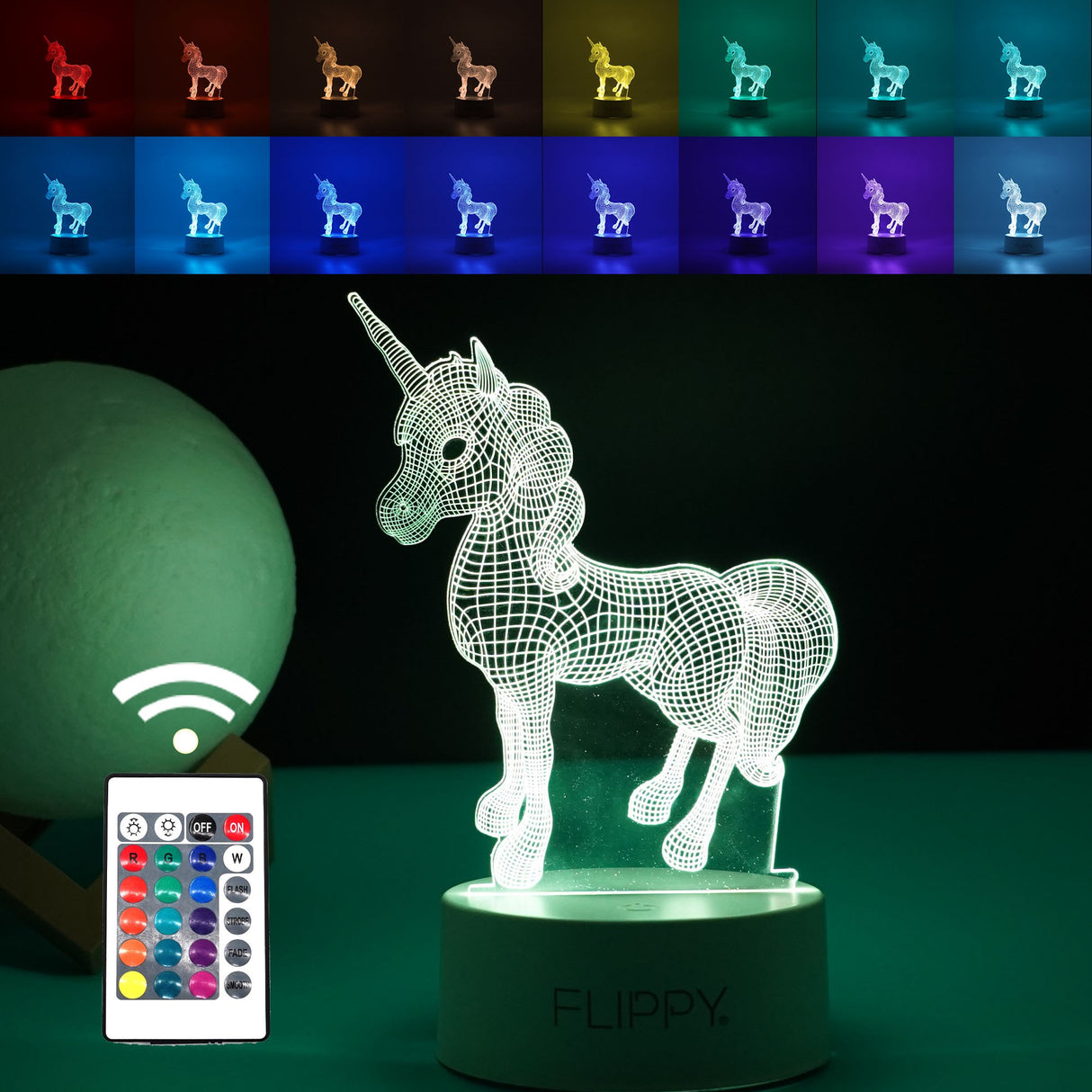 Lampa LED decorativa, Vivimall, 3D, Unicorn, cu USB si baterii, 20 cm inaltime, din material acril, lumina multicolora si telecomanda inclusa, alb - vivimall.ro