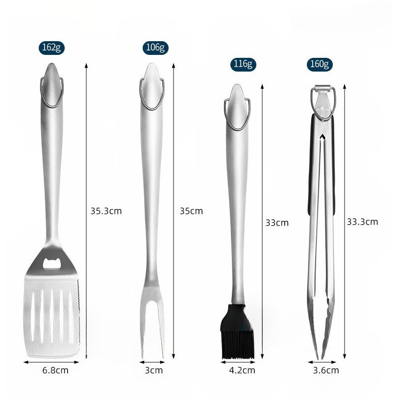 Set 4 ustensile pentru gratar Vivimall, din otel inoxidabil, cu agatatoare, rezistente la temperaturi ridicate, argintiu - vivimall.ro