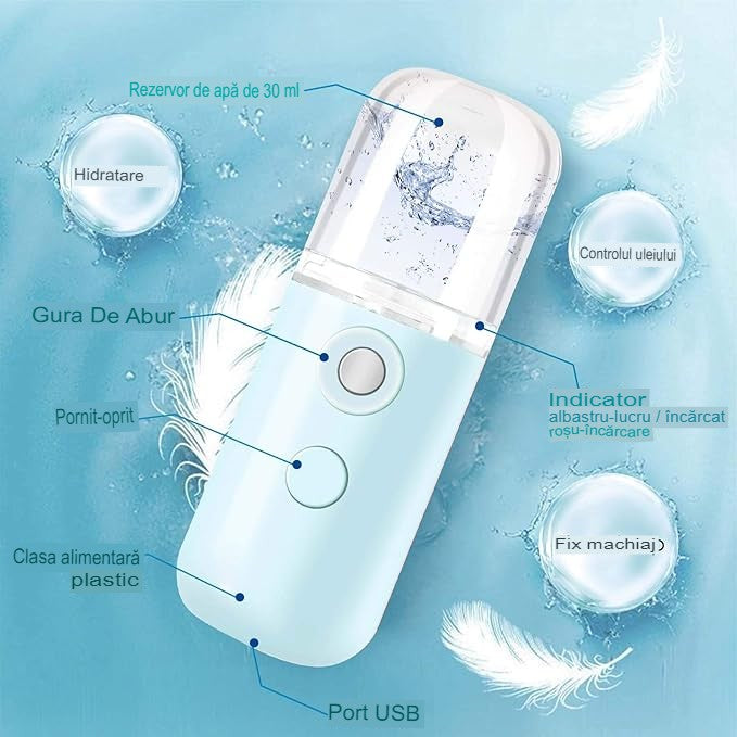 Spray de Hidratare Facială cu Tehnologie Nano, Vivimall, Hidratare, Igienizare, Abur Rece, Încărcare USB, Capacitate 30 mL, 10cm, Albastru - vivimall.ro