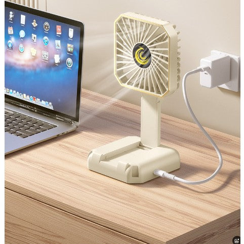 Ventilator Portabil, Vivimall, de Gat, de Birou, Suport Telefon, 14 x 7 cm, Incarcare USB, din ABS, 3 Viteze, Bej - vivimall.ro