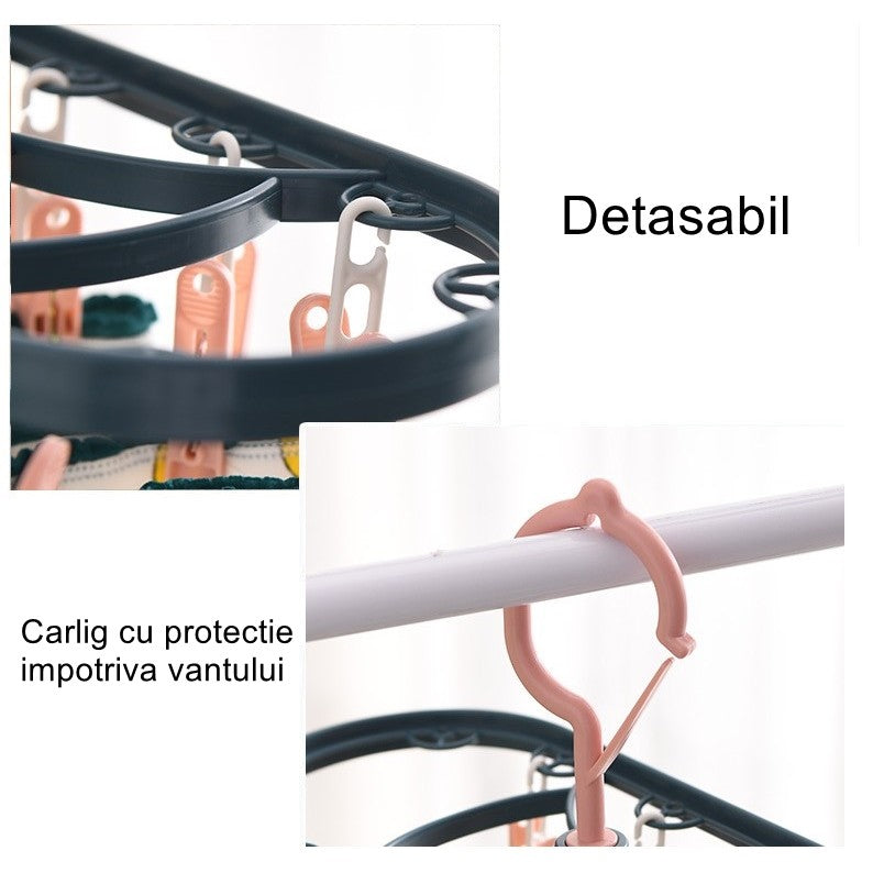 Uscator de Rufe Suspendat Vivimall, cu 12 Carlige, Rotire 360 Grade, Protectie Vant, Mateiral Plastic, Usor de Depozitat, Multifunctional, 30 x 12.5 cm, Albastru/Roz - vivimall.ro