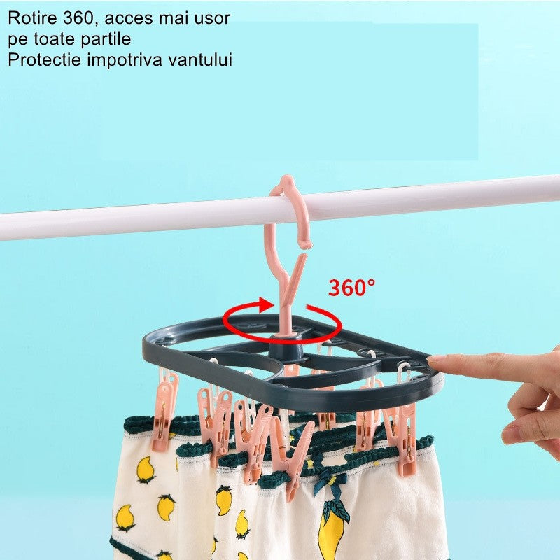Uscator de Rufe Suspendat Vivimall, cu 12 Carlige, Rotire 360 Grade, Protectie Vant, Mateiral Plastic, Usor de Depozitat, Multifunctional, 30 x 12.5 cm, Albastru/Roz - vivimall.ro
