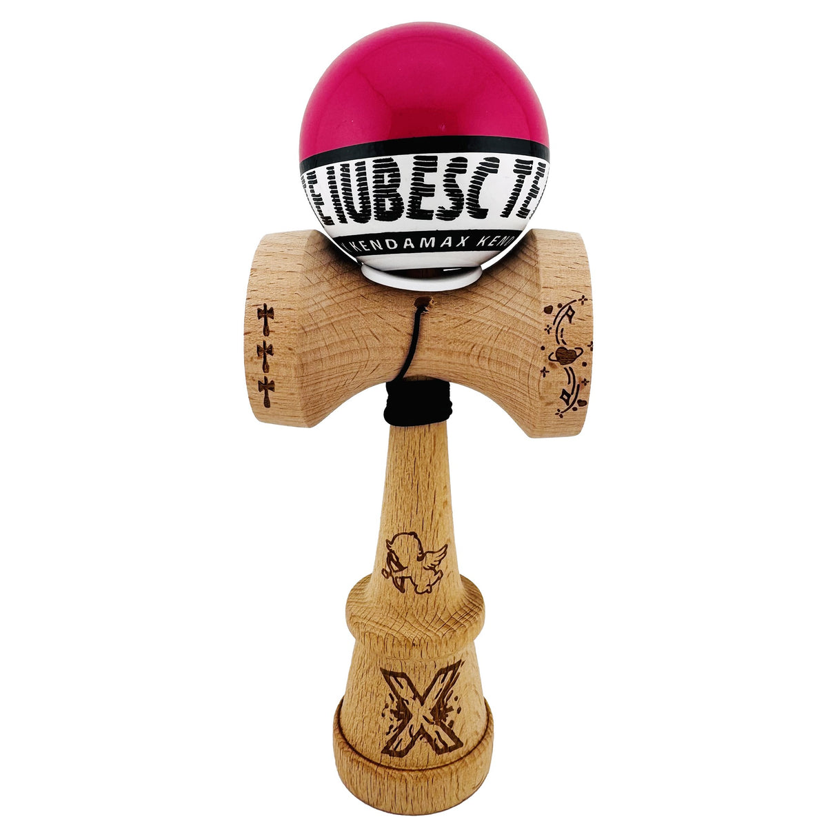 Kendama X TE IUBESC Originala, Profesionala, Vivimall, Super Sticky cu Cupe Mari KING SIZE V3, Gaura in Baza, Rulment Metalic, din lemn 18 cm, Ata 62/65 cm, Roz/Alb - vivimall.ro