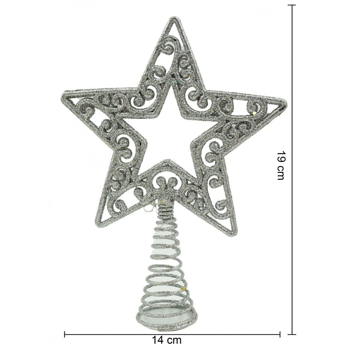 Varf decorativ de brad, Argintiu, in forma de Stea, decupata in centru, din Plastic/Metal, 14 cm x 19 cm, Interior/Exterior, Vivimall - vivimall.ro