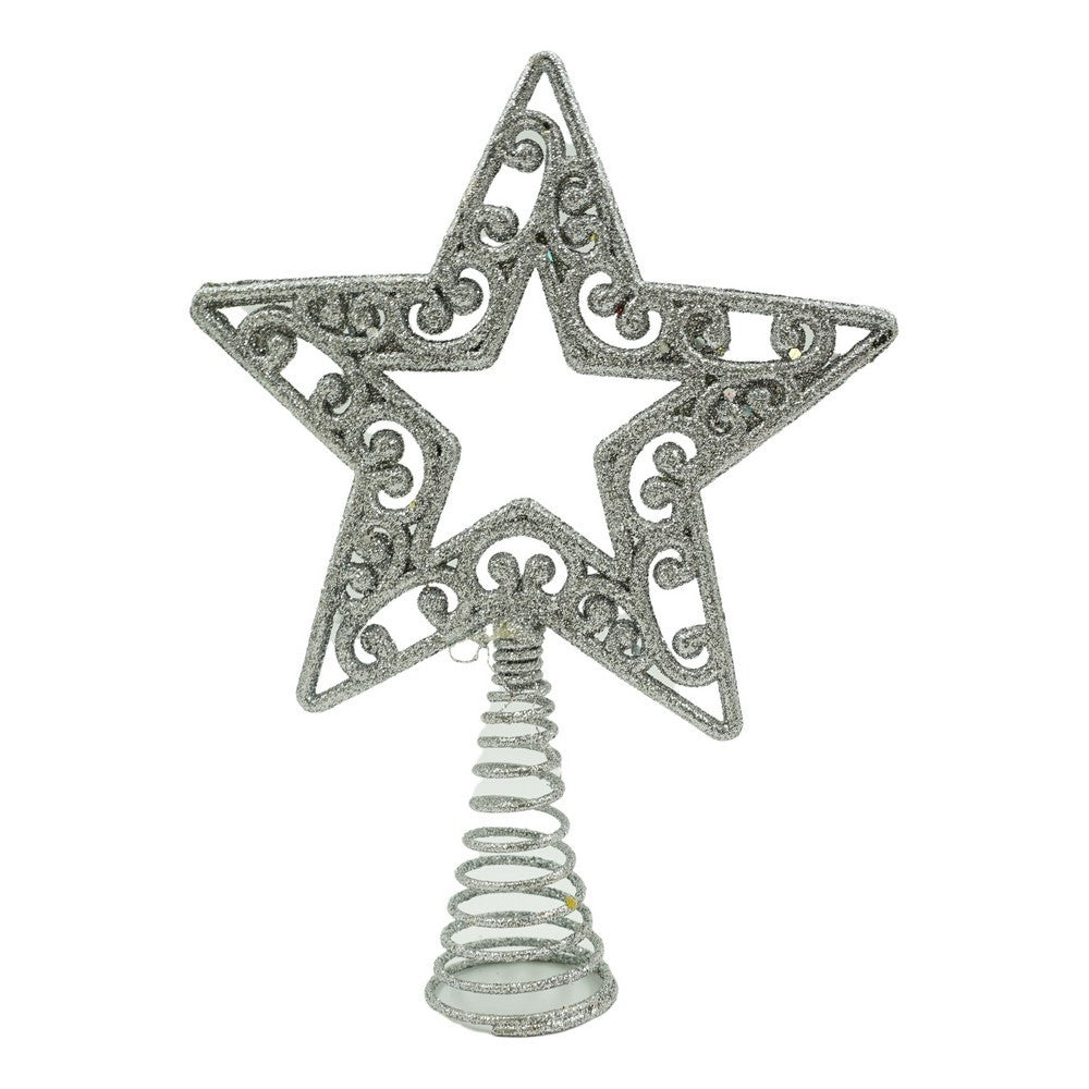 Varf decorativ de brad, Argintiu, in forma de Stea, decupata in centru, din Plastic/Metal, 14 cm x 19 cm, Interior/Exterior, Vivimall - vivimall.ro