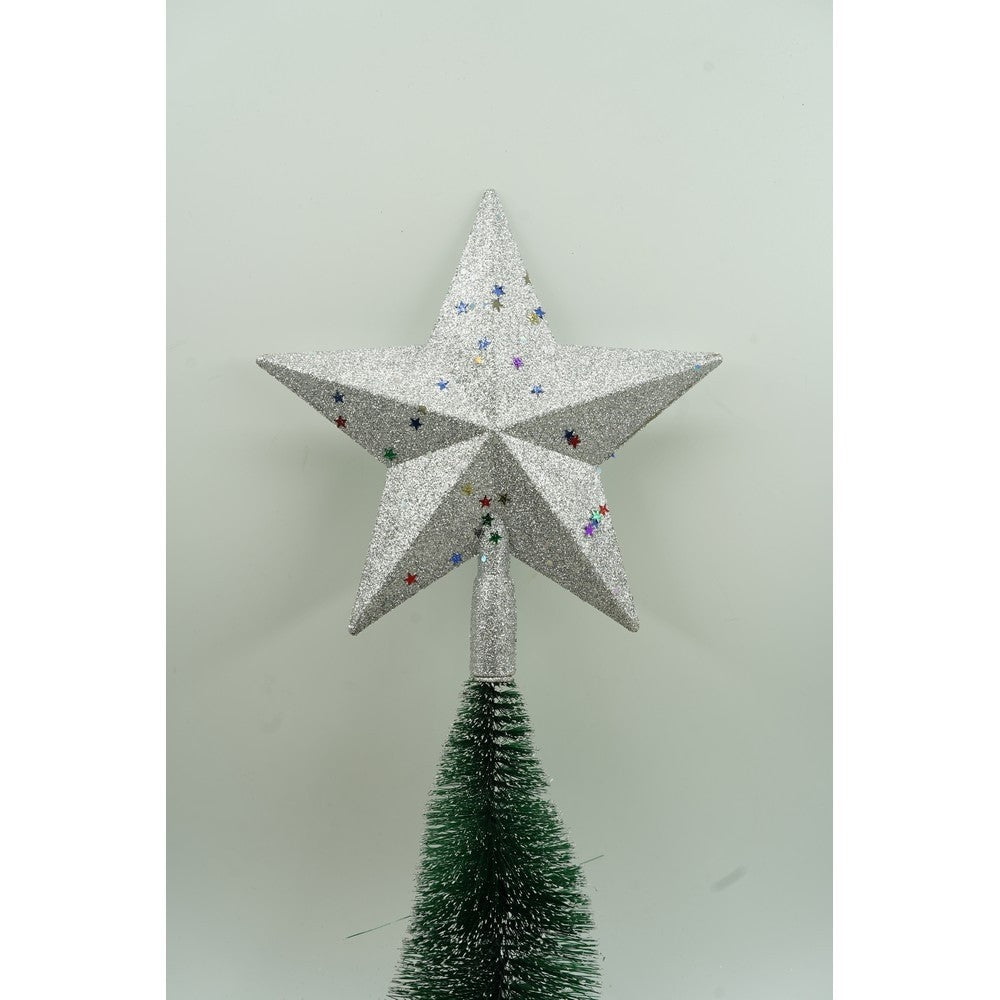 Varf decorativ de brad, Argintiu, in forma de Stea, design cu paiete, din Plastic, 18 cm x 20 cm, Interior/Exterior, Vivimall - vivimall.ro