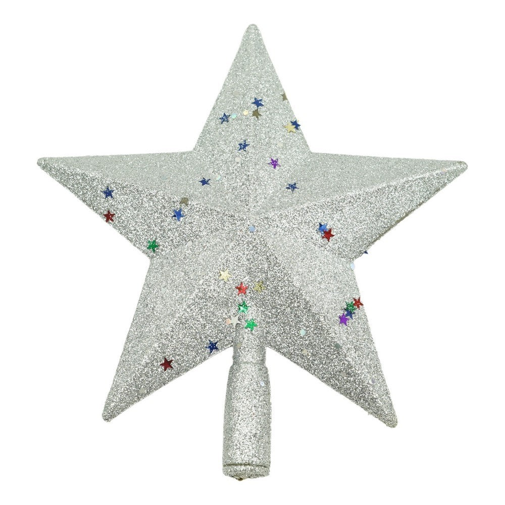 Varf decorativ de brad, Argintiu, in forma de Stea, design cu paiete, din Plastic, 18 cm x 20 cm, Interior/Exterior, Vivimall - vivimall.ro