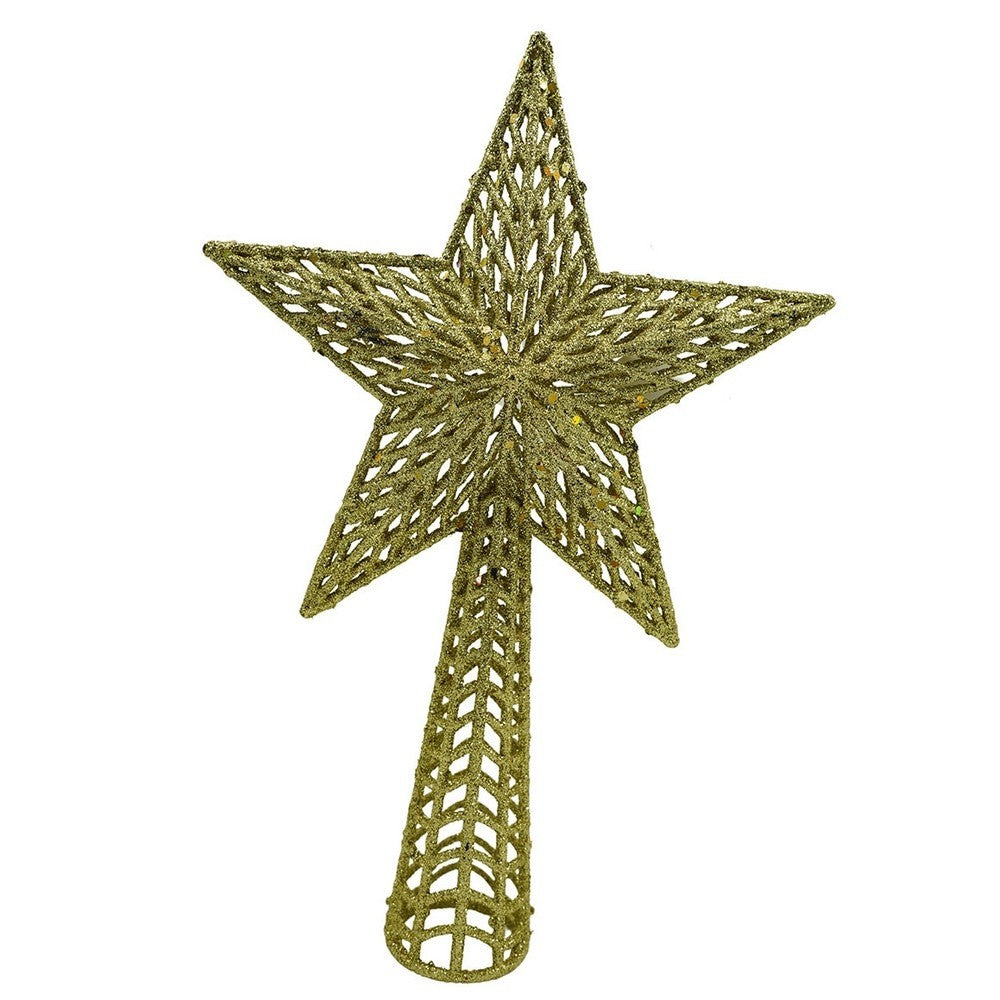 Varf decorativ de brad, Auriu, in forma de Stea, cu model decupat, din Plastic/Metal, 18 cm x 26 cm, Interior/Exterior, Vivimall - vivimall.ro
