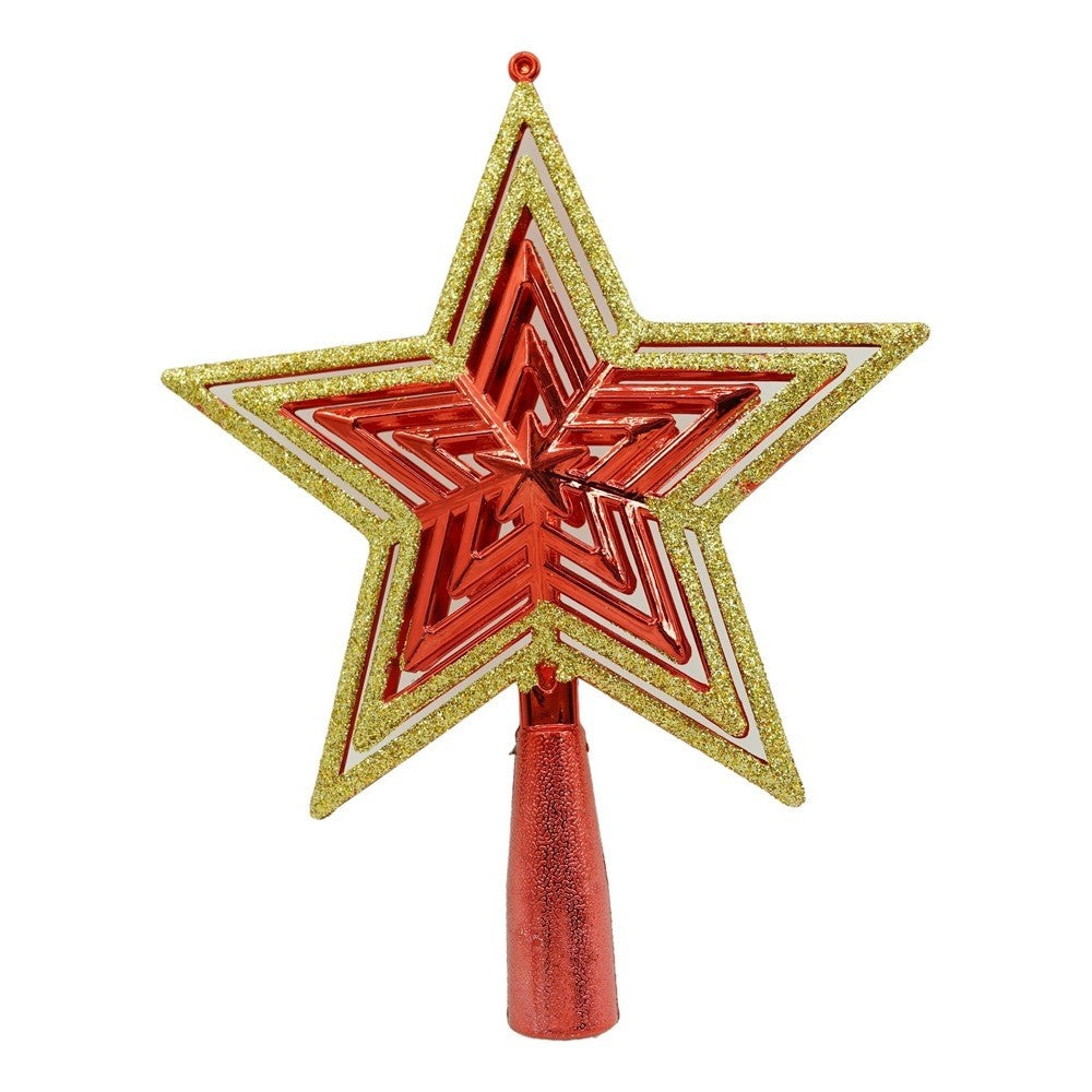 Varf decorativ de brad, Auriu/ Rosu, in forma de Stea, design de stele, din Plastic, 15 cm x 18 cm, Interior/Exterior, Vivimall - vivimall.ro