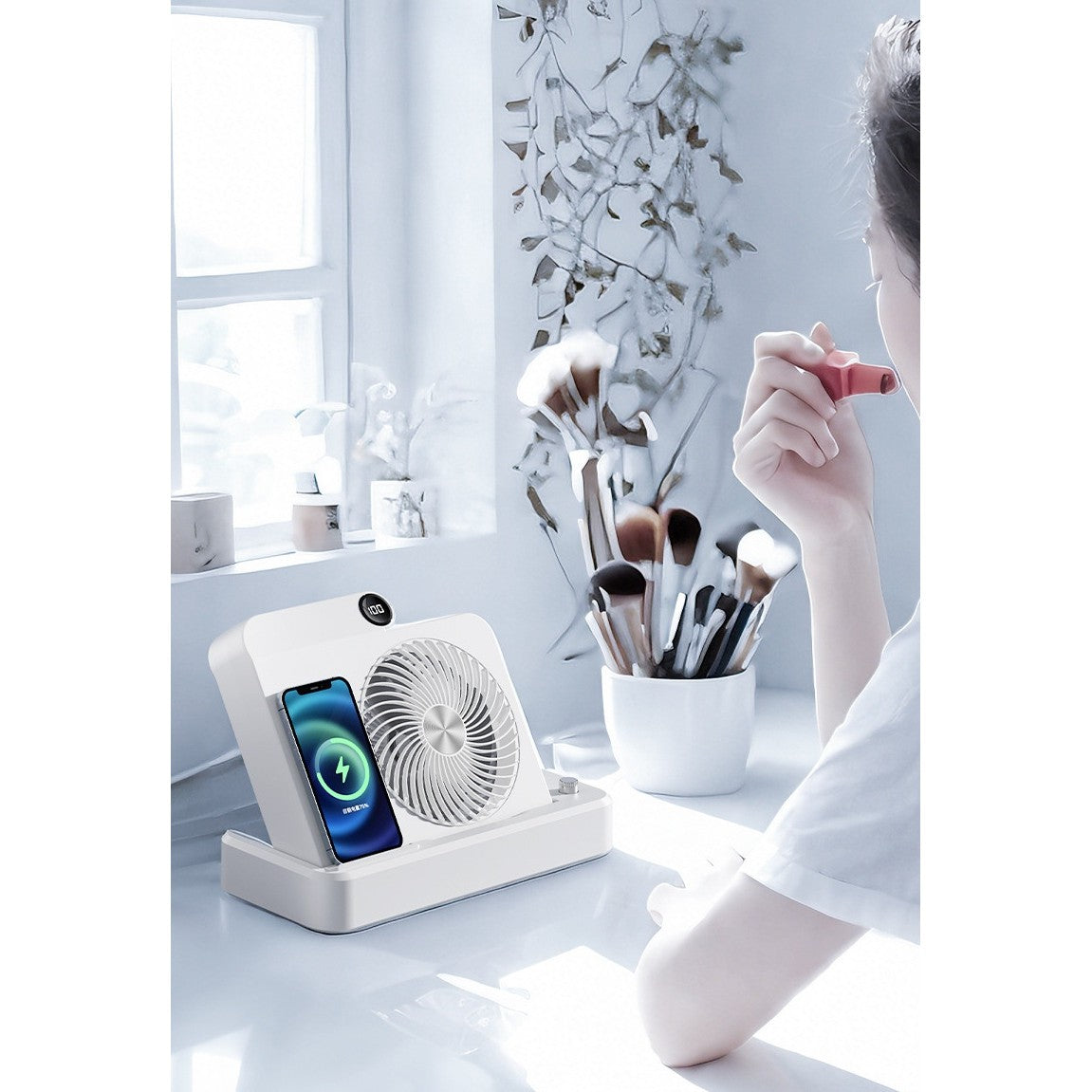 Ventilator 2in1, Flippy, Functie Incarcare Telefon Wireless, 100 Trepte de Viteza, 2400 mAh, 5V, 2A, 25 x 16.5 x 24 cm, Alb - vivimall.ro