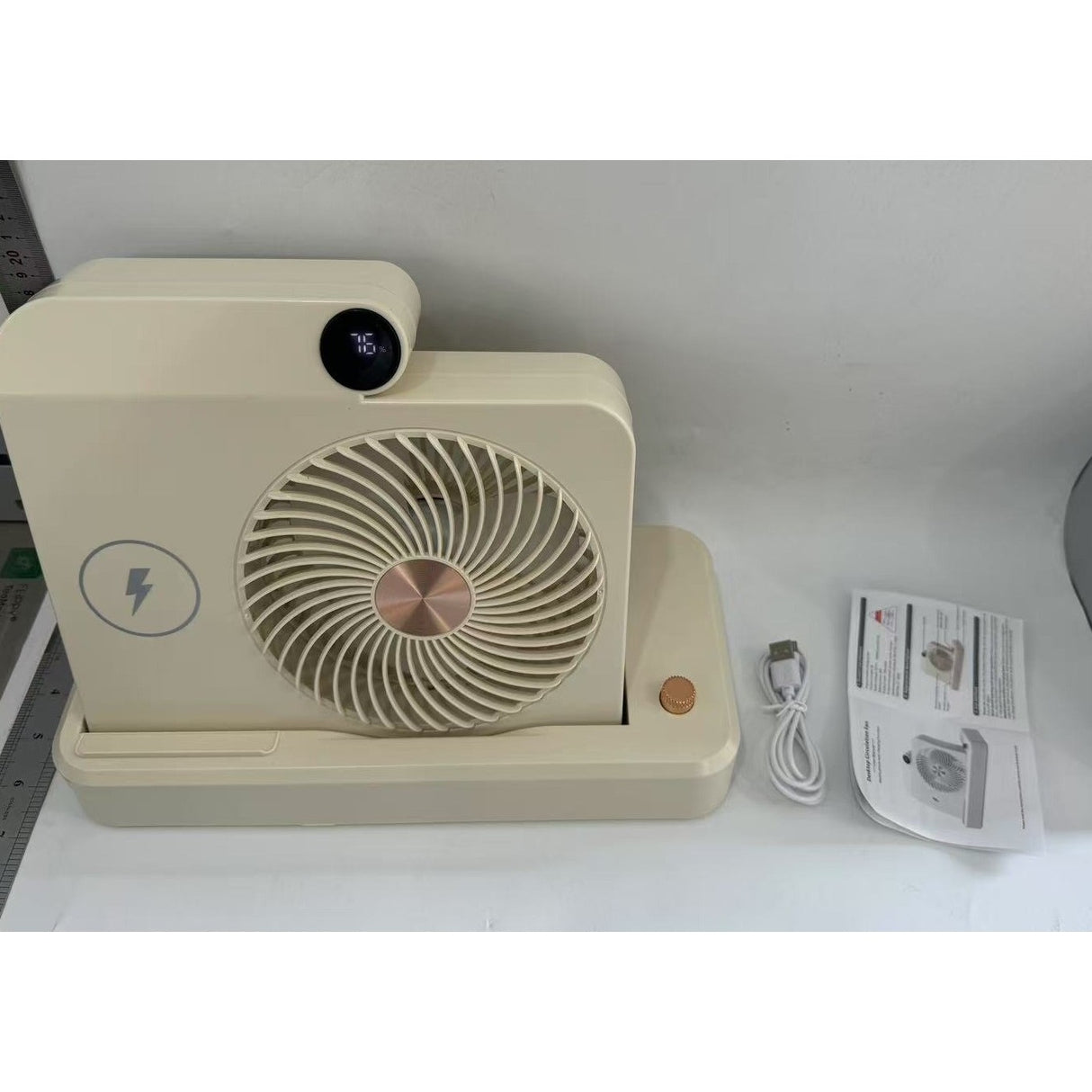 Ventilator 2in1, Flippy, Functie Incarcare Telefon Wireless, 100 Trepte de Viteza, 2400 mAh, 5V, 2A, 25 x 16.5 x 24 cm, Bej - vivimall.ro