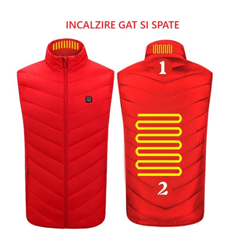 Vesta cu Incalzire, Flippy, Unisex, 2 Zone de Incalzire, Umplutura Bumbac, 3 Trepte de Temperatura, Incarcare USB, Rosu, 74 - 84 kg, Marime XXXL - vivimall.ro